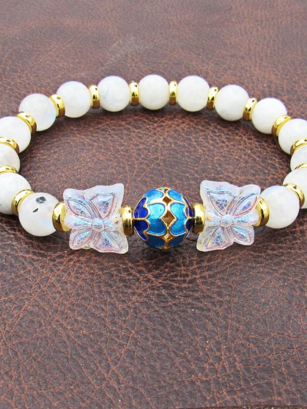 7 inch Stretchy Bracelet, Rainbow Moonstone, Czech Glass Butterflies Handmade